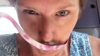 Stepmom Plays with Her Smelly Pussy at the Back of the Bus, Then Sniffs and Sucks Her Stinky Fingers!