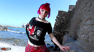 Lola Punk: Great Teen Redhead Lola Punk Doing a Strip in the Rocks