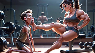 Muscular Woman Humiliates Skinny Man - Foot Worship Domination