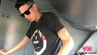 Country boy shows his big dick in the bathroom on a moving bus
