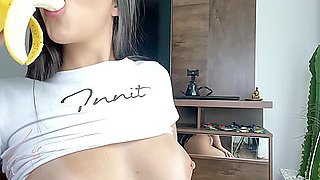 Nasty Teen 18+ Brunette Hair Is Masturbating With A Banana And Groaning From Joy Whilst Cumming