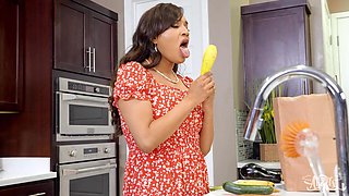 Transsexual housewife pleasures Dominic in the kitchen