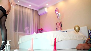 Redhead slut with big boobs goes down