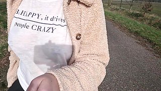 Boobwalk on the Side of the Road, Braless Walking in See Thru Shirt