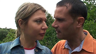 A busty cute teen takes a big hard cock outdoor