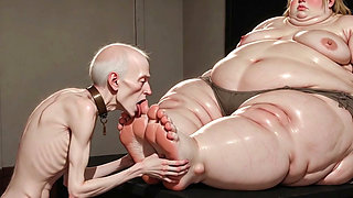 Thin Slave Boy Licking Huge SSBBW Mistress Soft Feet