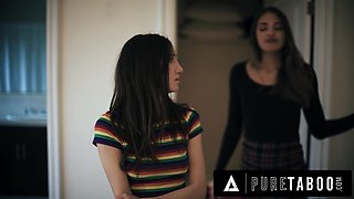 Two teen brunettes have passionate and intense lesbian sex in the bedroom