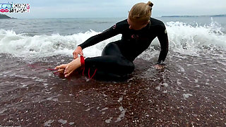 Hogtied in a Wetsuit - Rope Bondage Escape Challenge on the Beach