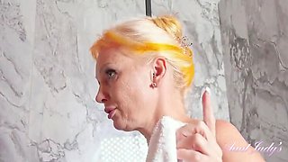 Auntjudys – Foxy Love Petite Blonde MILF Masturbates in Shower