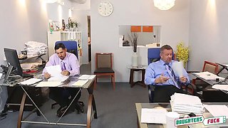 Horny teenagers seduce their old steppaps in a office