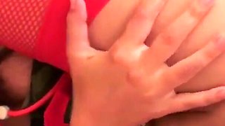 Sexy brunette in uniform masturbates with a dildo to enjoy in her craving butt