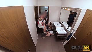 HUNT4K. Red-haired beauty fucked by stranger in toilet in front of BF