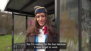 Airplane hostess with pierced nips wants to jerk off