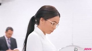 Nerdy Brunette in Stockings Aaliyah Hadid Demure Secretary as Cowgirl - Handjob