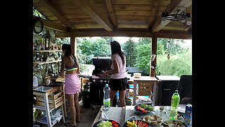 The neighbor has a barbeque party and the girls are shameless and have no panties