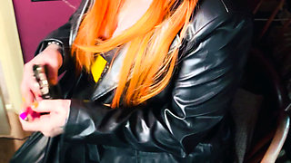 The Gothic Cutie Tina Snua Dressed In a Leather Coat & Smoking A Cork 100 Cigarette - Ginger Miss Smokes In A Leather Outfit OME