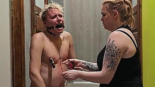 Femdom. Sex Slave of a Dominatrix. Handcuffed, His Dick Tied up, Toothpaste Smeared on It, and Covered in Urine.
