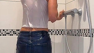 Clothed Shower: Skinny Asian Wet Look in Wet Jeans & Wet Top - Solo Shower Show & Wet Body Admiration