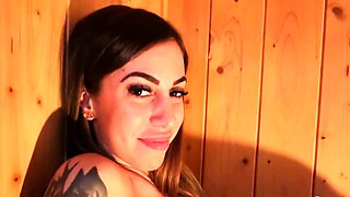 Brunette with foot fetish rubs big dick with her feet in POV