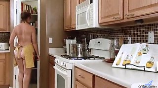 Kitchen Cock: Mature Housewife Aries Stone Fucks Huge Dildo with Big Tits & Fair Skin