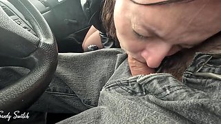 Hitchhiker Sandy Switch sucks driver's dick in car at high speed - Blowjob & facial with big natural tits