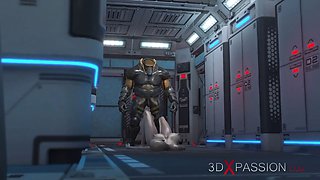 3d monster plays with a young woman in the Mars base camp