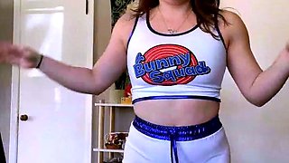 Busty curly brunette with big boobs fucks on couch