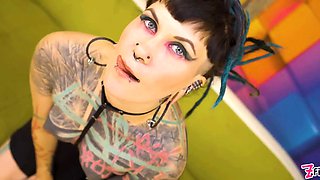 Punk queen taunts little boobs & nipples then takes aggressive doggystyle, dripping facial