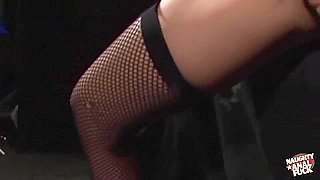 Blonde In Bikini And Fishnet Stockings Gets Anal Pleasure And Rubs Her Clit On Couch