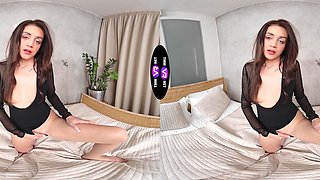 Brunette Lola Desire's fingers dance on her shaven slit in HD VR