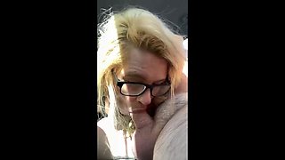 Real Hooker With Glasses Kneels in Public for Old Man's Cum Load - Amateur Blowjob & Cum in Mouth