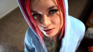 Redhead slut with big boobs goes down