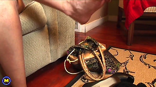 Blonde Mature Housewife Heidi Touches Her Shaved Pussy on the Couch