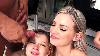 Mom and daughter fucked and facialized in family foursome