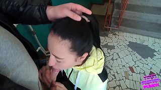 Risky Blowjob On The Stairs A Lot Of Cum In My Mouth And I Had To Swallow Everything