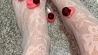 Playing with a whipped cream with my legs in white stockings