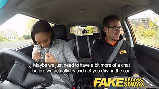 Nervous ebony student filled with cum in fake driving school by her teacher