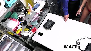Back office gangbang of big-breasted mommy thief