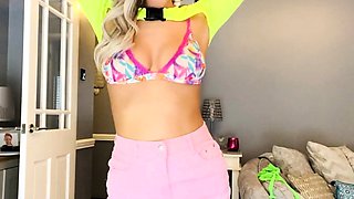 Blonde mature with big boobs masturbates in bed