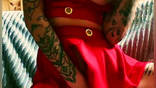 Sexy camgirl in red lingerie solo show with big fake tits, fingering and dildo play