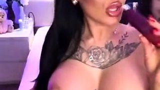 Busty curly brunette with big boobs fucks on couch