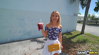 Skinny blonde Emma Bugg enjoys riding a dick in the back of the car