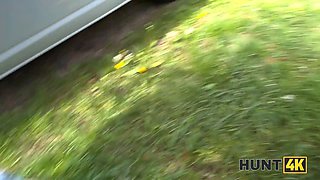 Blonde bombshell gets her tight pussy pounded in a car while her cuckold husband watches in HD