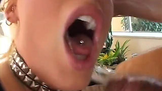 Horny blonde with huge tits gets hot threesome action indoors