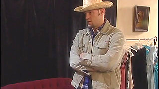 Ranch girl is on her knees sucking cock just before her pussy penetration